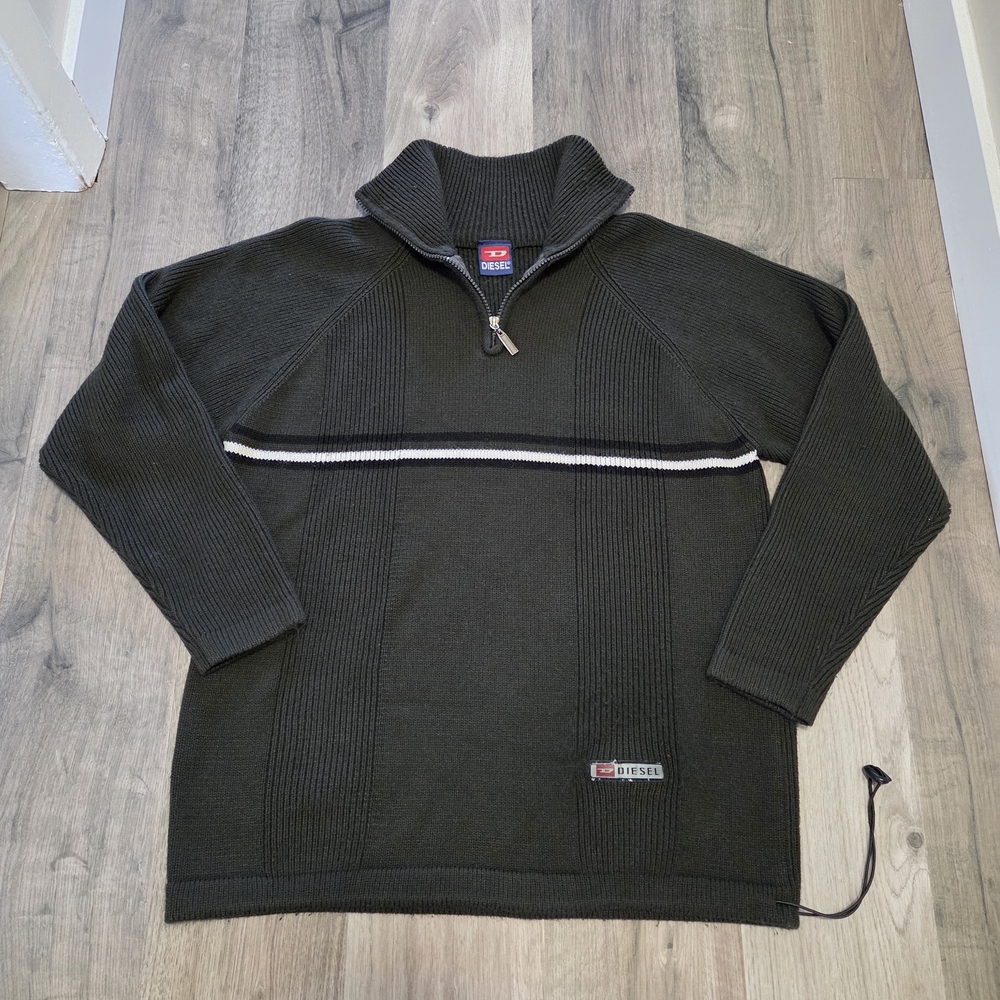 Vintage Diesel Men’s Dark Olive Half Zip Wool Sweater Ribbed Knit Pullover - Picture 2 of 8
